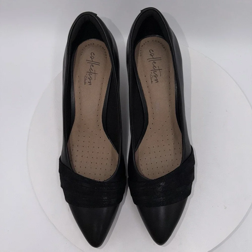 Clarks Linvale Madie Classic Pumps Black Leather Heels‎ Women's 8.5